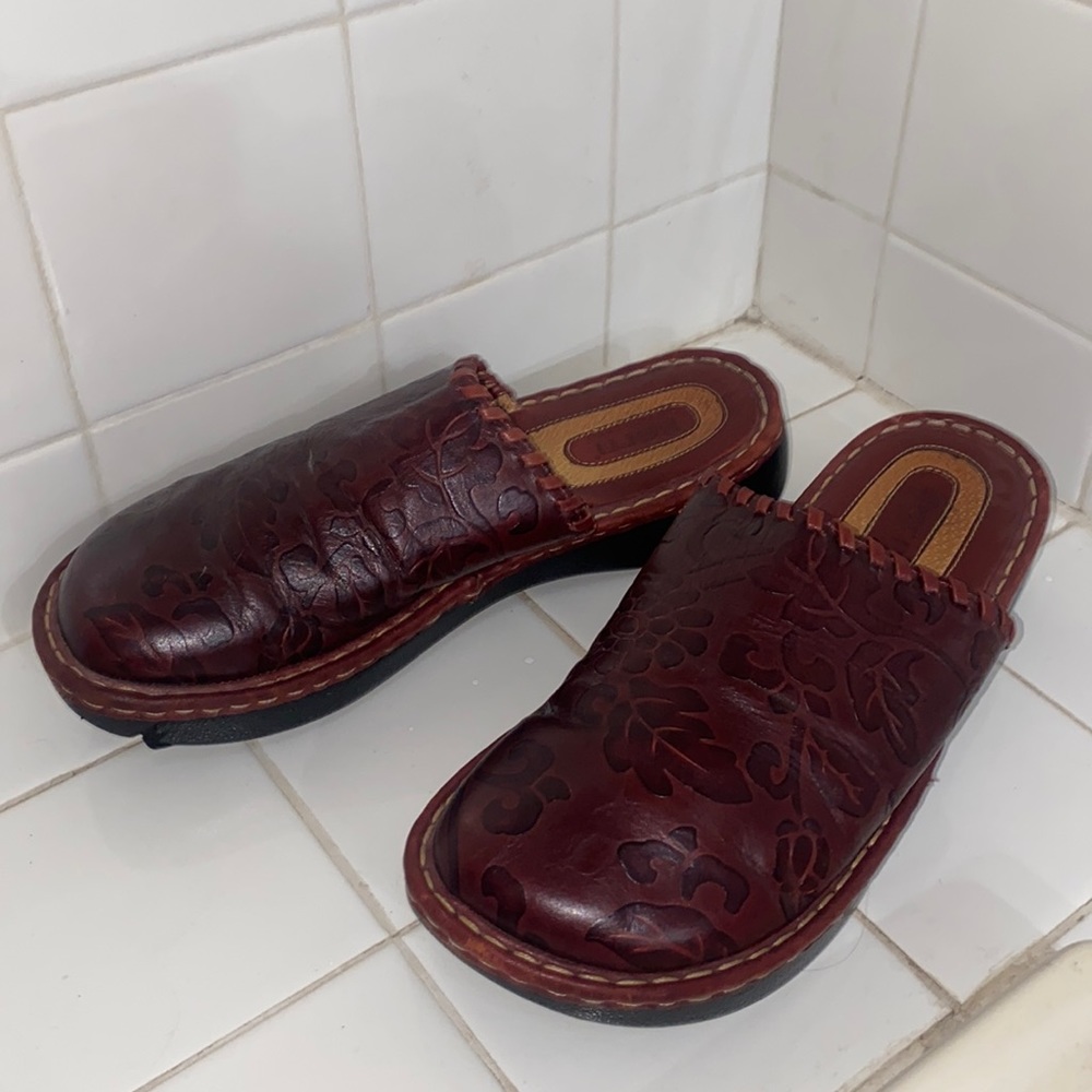 Dark red Born clogs with floral patterned leather